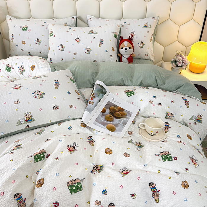 91家纺网 家纺一手货源 找家纺 栩裕纺织 2026新款云感双层纱床盖四件套 欢乐小新