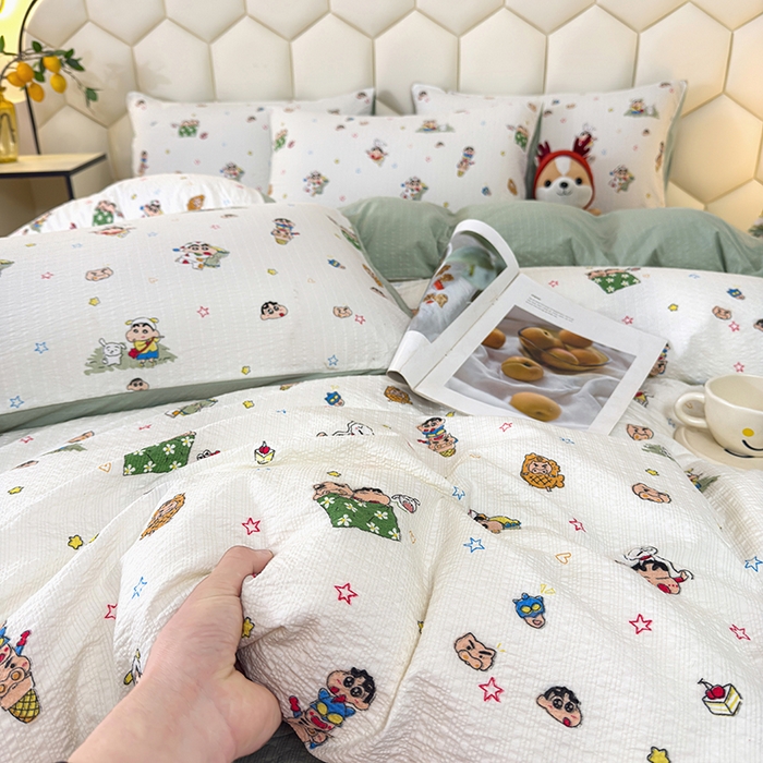 91家纺网 家纺一手货源 找家纺 栩裕纺织 2026新款云感双层纱床盖四件套 欢乐小新