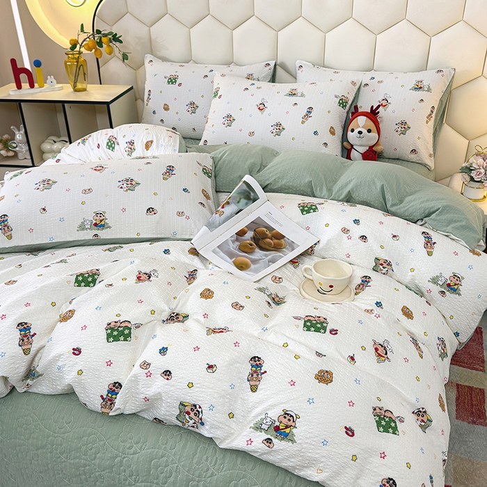 91家纺网 家纺一手货源 找家纺 栩裕纺织 2026新款云感双层纱床盖四件套 欢乐小新