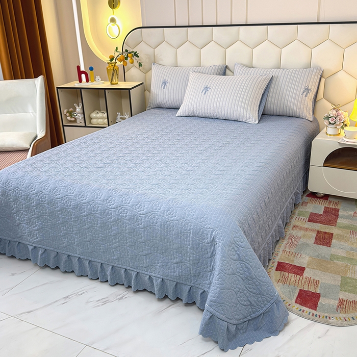 91家纺网 家纺一手货源 找家纺 栩裕纺织 2026新款云感双层纱床盖四件套 蓝调蝴蝶结