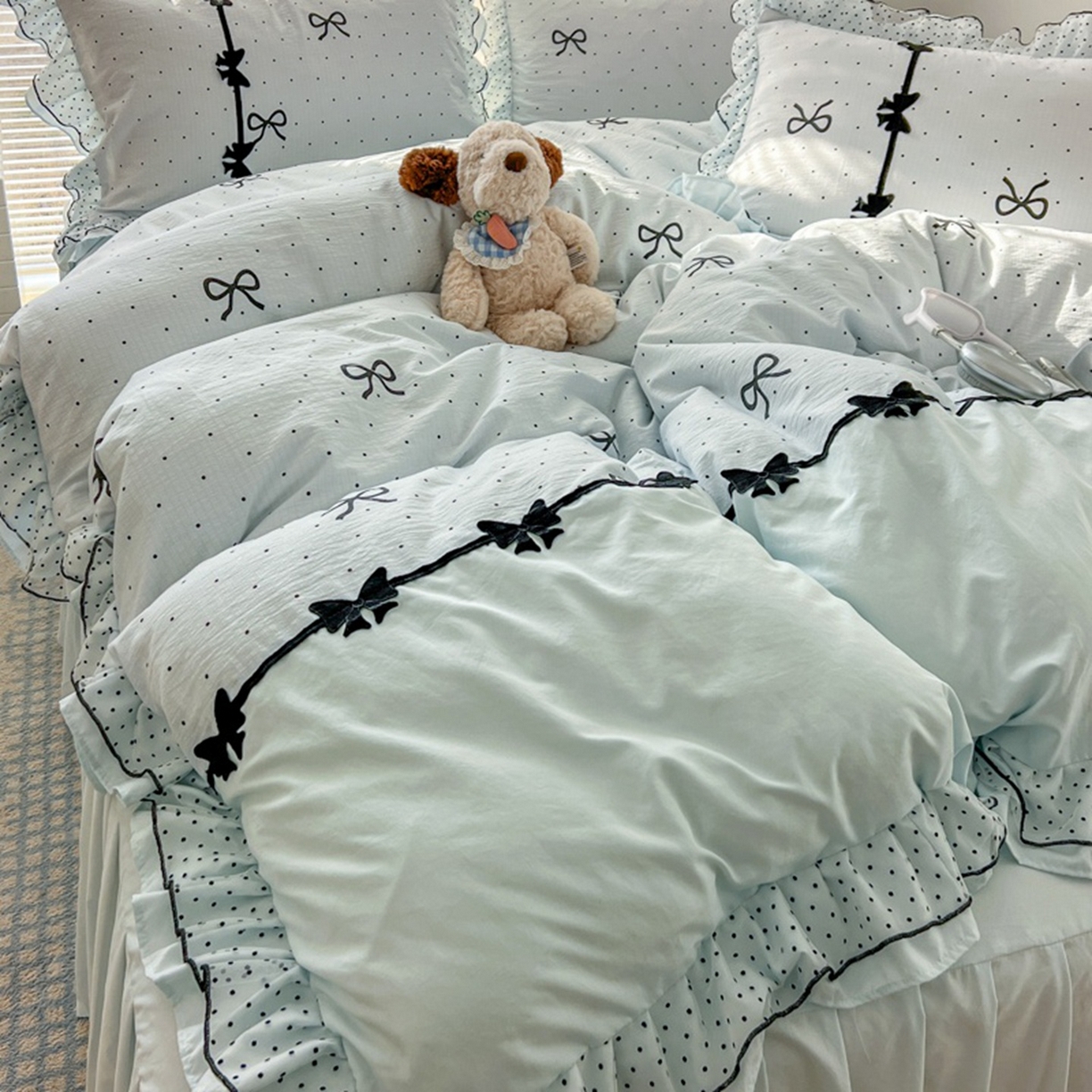 91家纺网 家纺一手货源 找家纺 贝凯瑞 2026 (蝴蝶结）皱皱纱双层纱水洗棉ins小清新蕾丝花边韩版床裙四件套 波点蝴蝶结