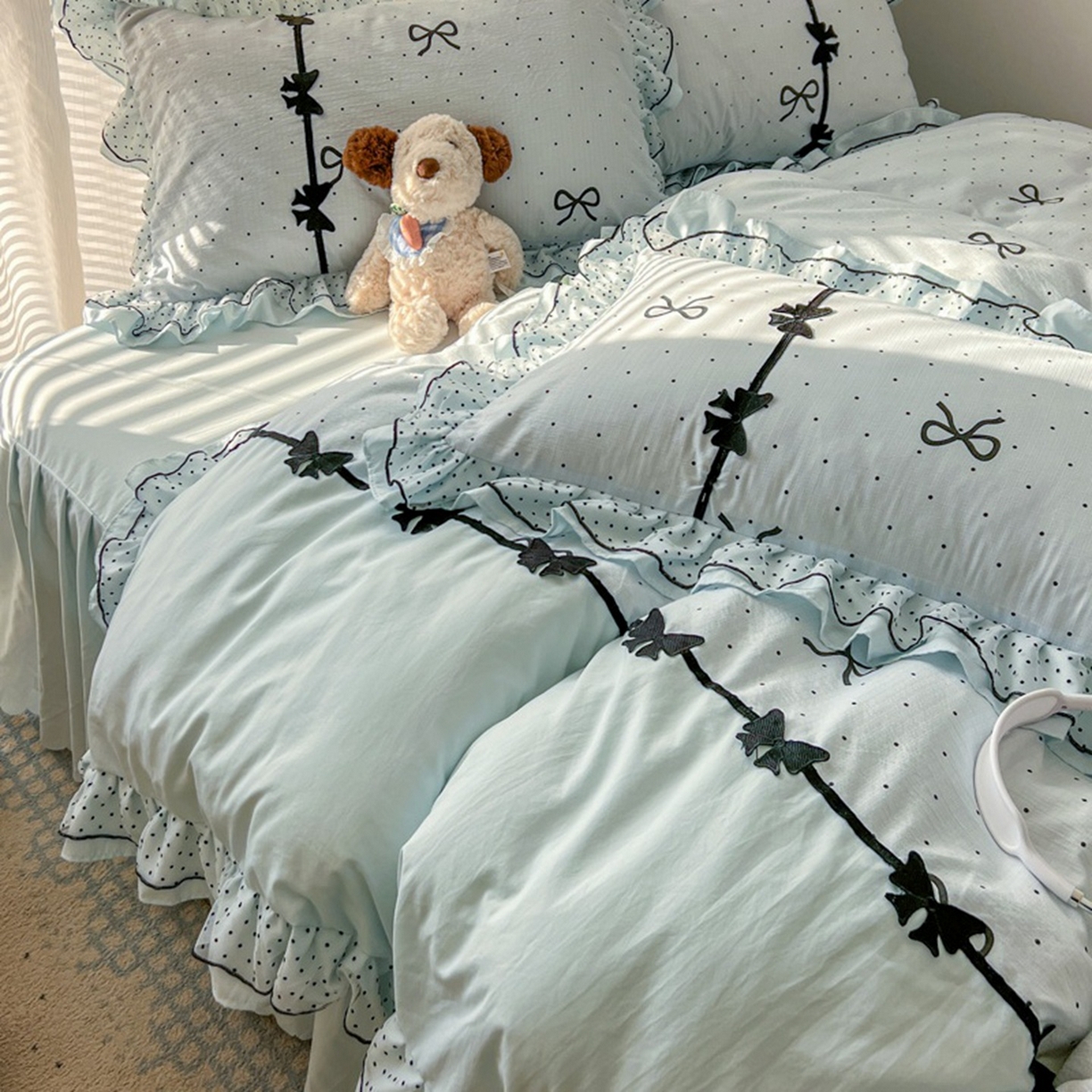 91家纺网 家纺一手货源 找家纺 贝凯瑞 2026 (蝴蝶结）皱皱纱双层纱水洗棉ins小清新蕾丝花边韩版床裙四件套 波点蝴蝶结