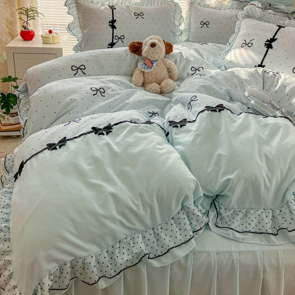 91家纺网 家纺一手货源 找家纺 贝凯瑞 2026 (蝴蝶结）皱皱纱双层纱水洗棉ins小清新蕾丝花边韩版床裙四件套 波点蝴蝶结