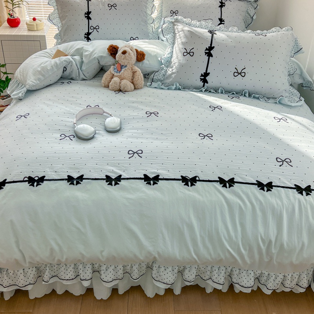91家纺网 家纺一手货源 找家纺 贝凯瑞 2026 (蝴蝶结）皱皱纱双层纱水洗棉ins小清新蕾丝花边韩版床裙四件套 波点蝴蝶结