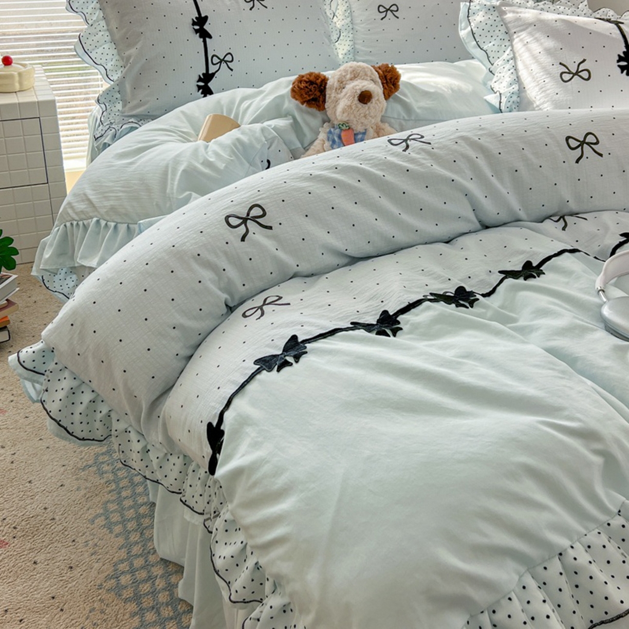 91家纺网 家纺一手货源 找家纺 贝凯瑞 2026 (蝴蝶结）皱皱纱双层纱水洗棉ins小清新蕾丝花边韩版床裙四件套 波点蝴蝶结