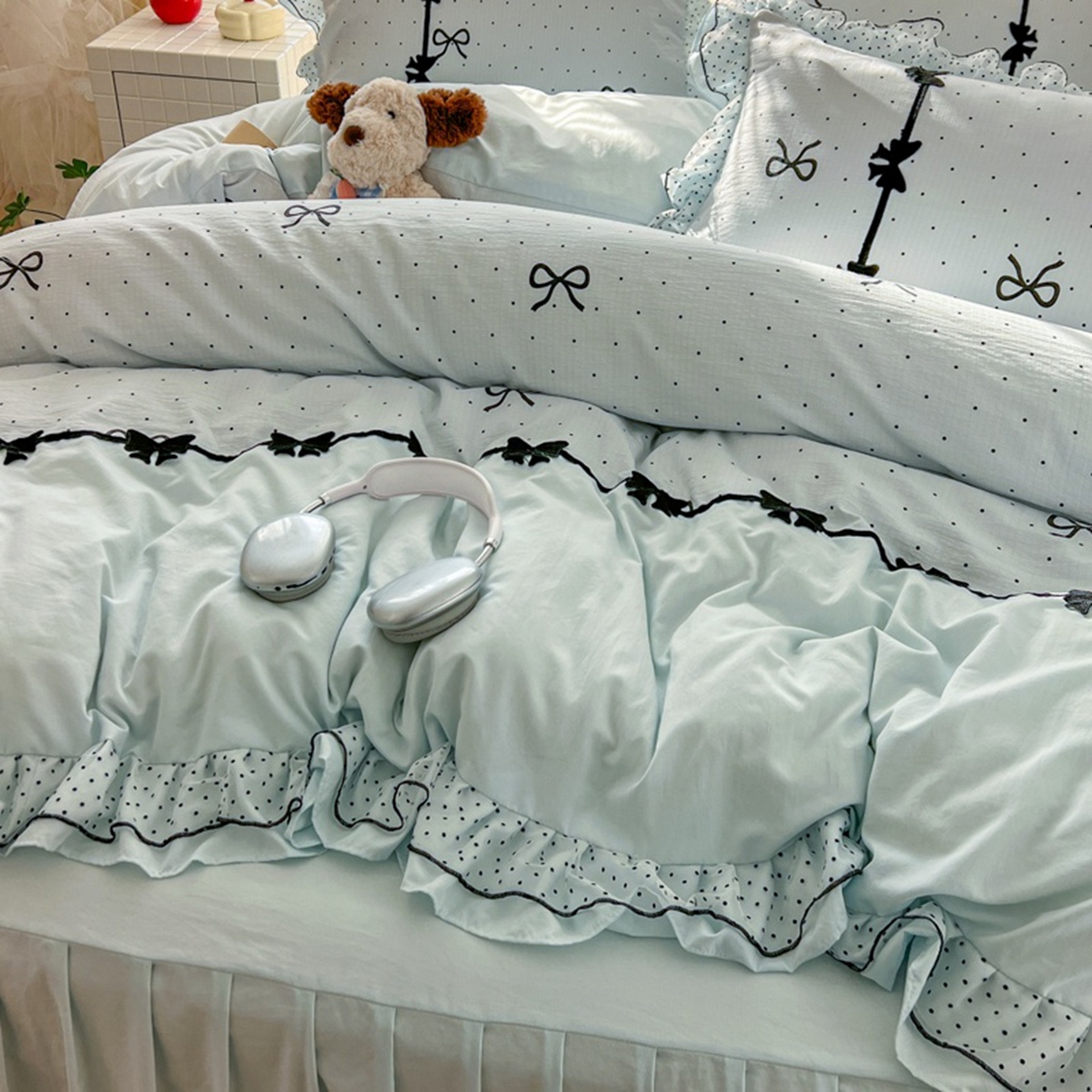 91家纺网 家纺一手货源 找家纺 贝凯瑞 2026 (蝴蝶结）皱皱纱双层纱水洗棉ins小清新蕾丝花边韩版床裙四件套 波点蝴蝶结