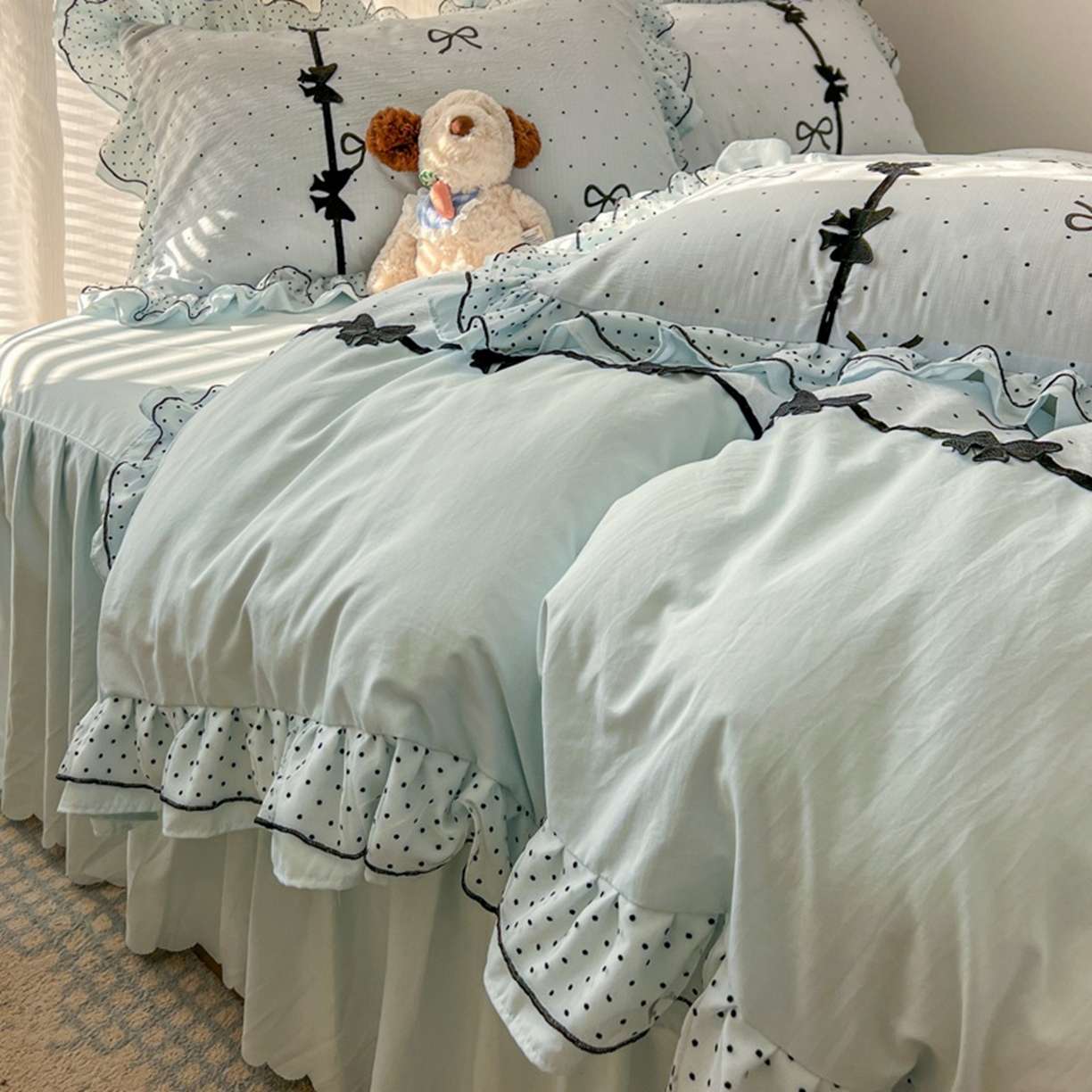 91家纺网 家纺一手货源 找家纺 贝凯瑞 2026 (蝴蝶结）皱皱纱双层纱水洗棉ins小清新蕾丝花边韩版床裙四件套 波点蝴蝶结