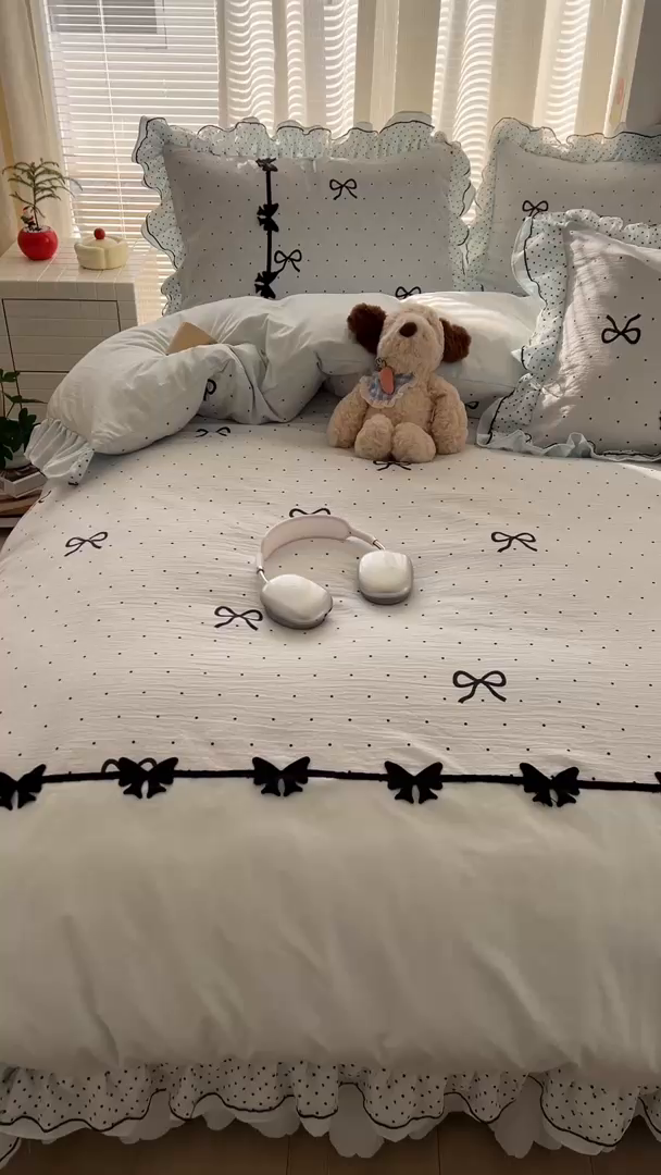 91家纺网 家纺一手货源 找家纺 贝凯瑞 2026 (蝴蝶结）皱皱纱双层纱水洗棉ins小清新蕾丝花边韩版床裙四件套 波点蝴蝶结