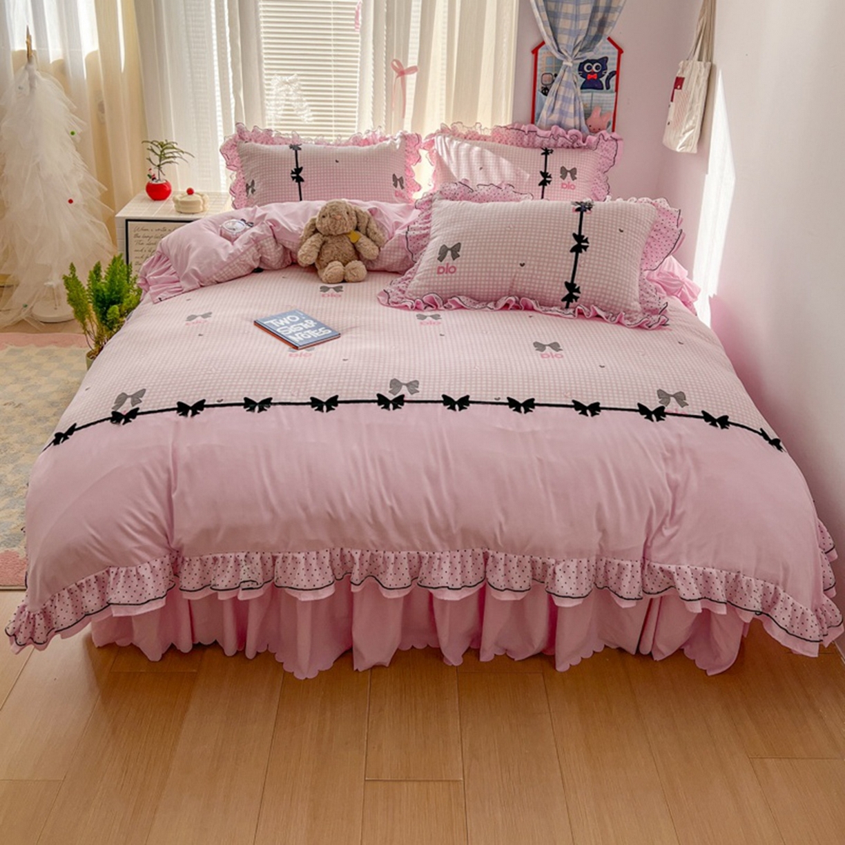 91家纺网 家纺一手货源 找家纺 贝凯瑞 2026 (蝴蝶结）皱皱纱双层纱水洗棉ins小清新蕾丝花边韩版床裙四件套 黑巧蝴蝶结