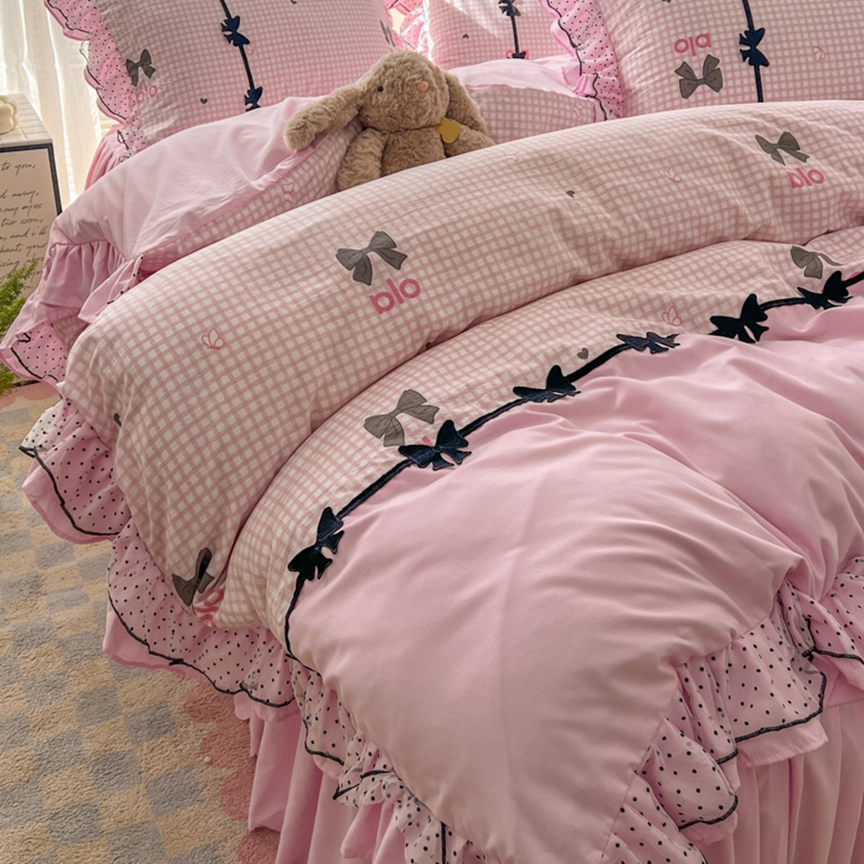 91家纺网 家纺一手货源 找家纺 贝凯瑞 2026 (蝴蝶结）皱皱纱双层纱水洗棉ins小清新蕾丝花边韩版床裙四件套 黑巧蝴蝶结