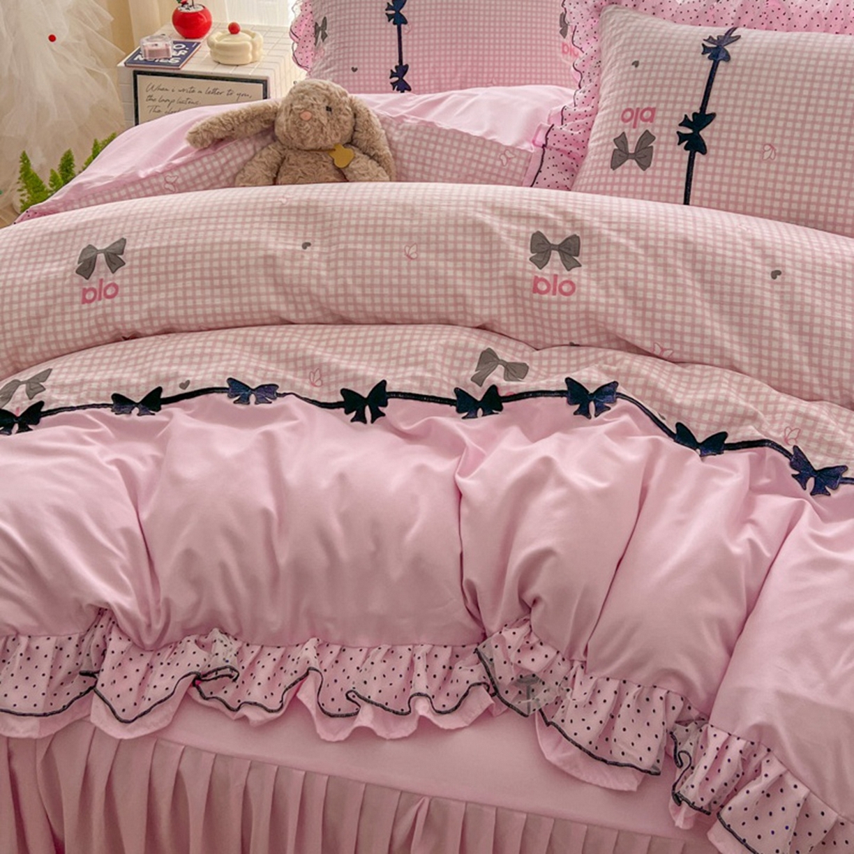 贝凯瑞 2026 (蝴蝶结）皱皱纱双层纱水洗棉ins小清新蕾丝花边韩版床裙四件套 黑巧蝴蝶结