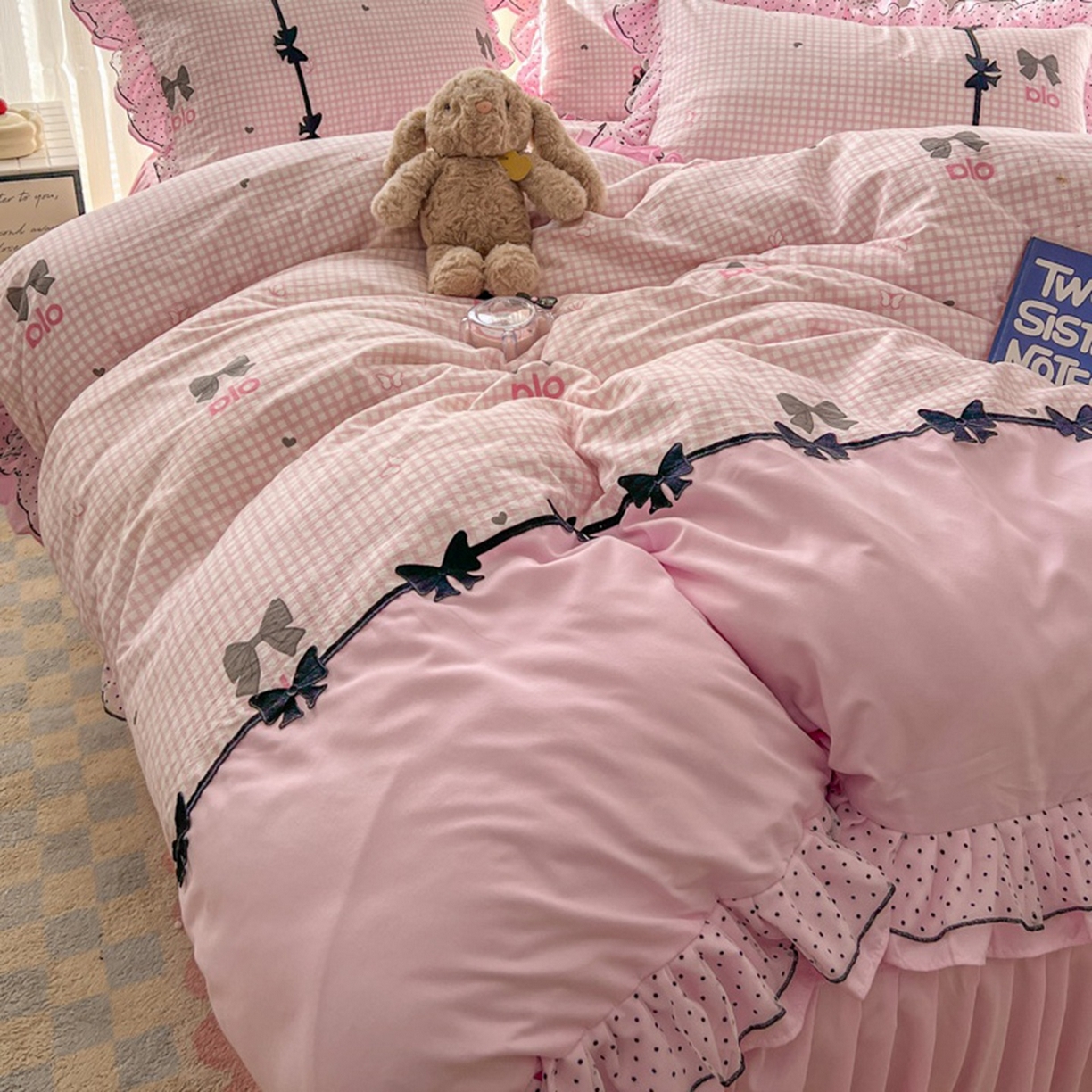 91家纺网 家纺一手货源 找家纺 贝凯瑞 2026 (蝴蝶结）皱皱纱双层纱水洗棉ins小清新蕾丝花边韩版床裙四件套 黑巧蝴蝶结