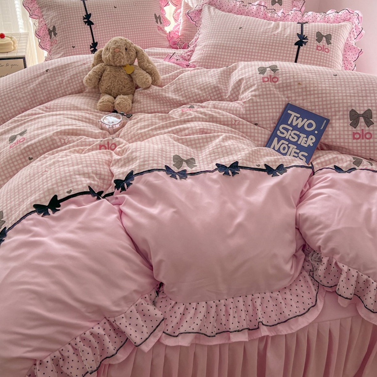 91家纺网 家纺一手货源 找家纺 贝凯瑞 2026 (蝴蝶结）皱皱纱双层纱水洗棉ins小清新蕾丝花边韩版床裙四件套 黑巧蝴蝶结