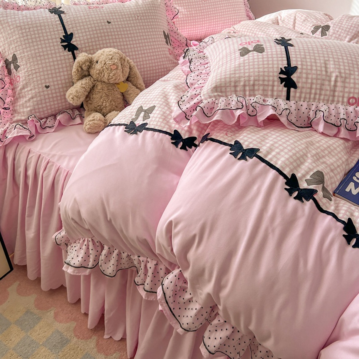 91家纺网 家纺一手货源 找家纺 贝凯瑞 2026 (蝴蝶结）皱皱纱双层纱水洗棉ins小清新蕾丝花边韩版床裙四件套 黑巧蝴蝶结