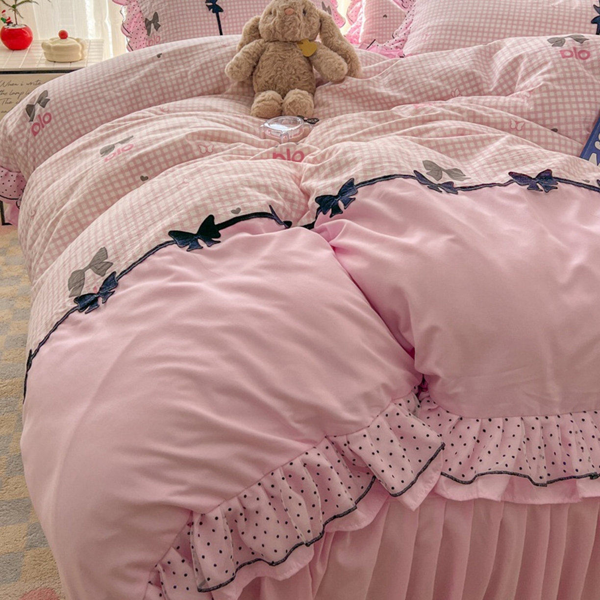 91家纺网 家纺一手货源 找家纺 贝凯瑞 2026 (蝴蝶结）皱皱纱双层纱水洗棉ins小清新蕾丝花边韩版床裙四件套 黑巧蝴蝶结