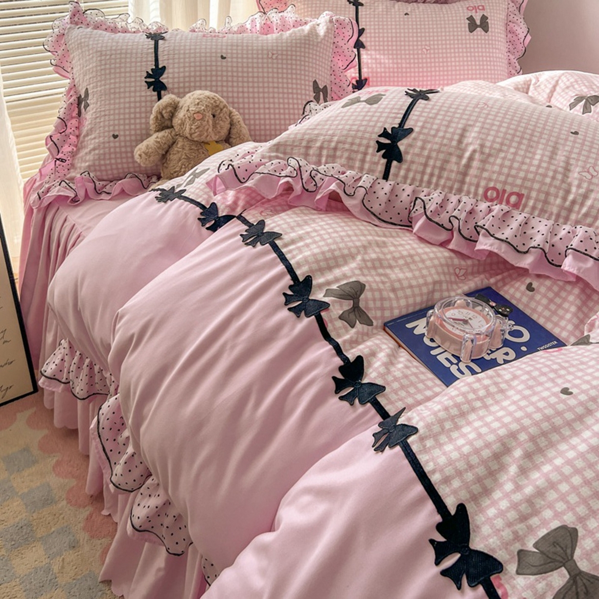 91家纺网 家纺一手货源 找家纺 贝凯瑞 2026 (蝴蝶结）皱皱纱双层纱水洗棉ins小清新蕾丝花边韩版床裙四件套 黑巧蝴蝶结