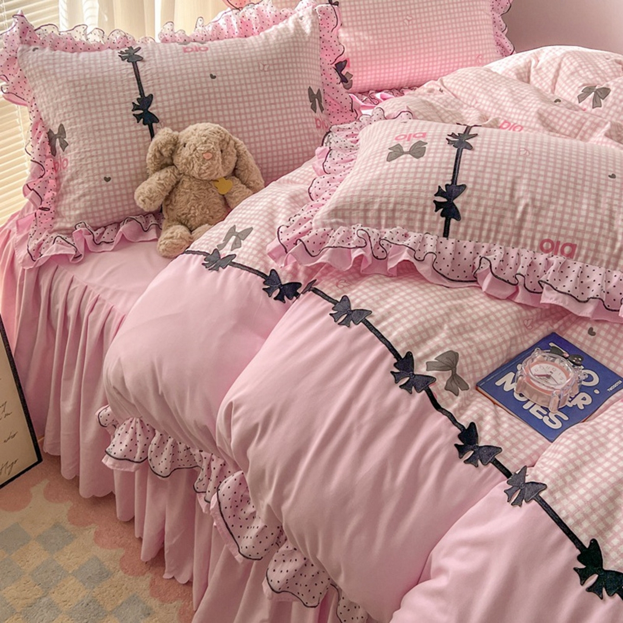 91家纺网 家纺一手货源 找家纺 贝凯瑞 2026 (蝴蝶结）皱皱纱双层纱水洗棉ins小清新蕾丝花边韩版床裙四件套 黑巧蝴蝶结