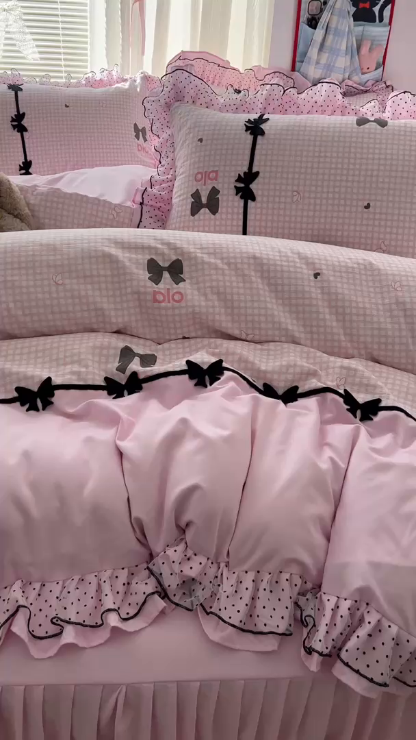 91家纺网 家纺一手货源 找家纺 贝凯瑞 2026 (蝴蝶结）皱皱纱双层纱水洗棉ins小清新蕾丝花边韩版床裙四件套 黑巧蝴蝶结