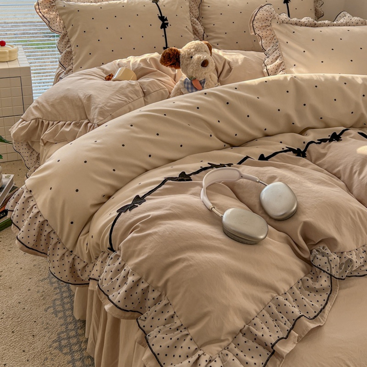 91家纺网 家纺一手货源 找家纺 贝凯瑞 2026 (蝴蝶结）皱皱纱双层纱水洗棉ins小清新蕾丝花边韩版床裙四件套 奶芙蝴蝶结