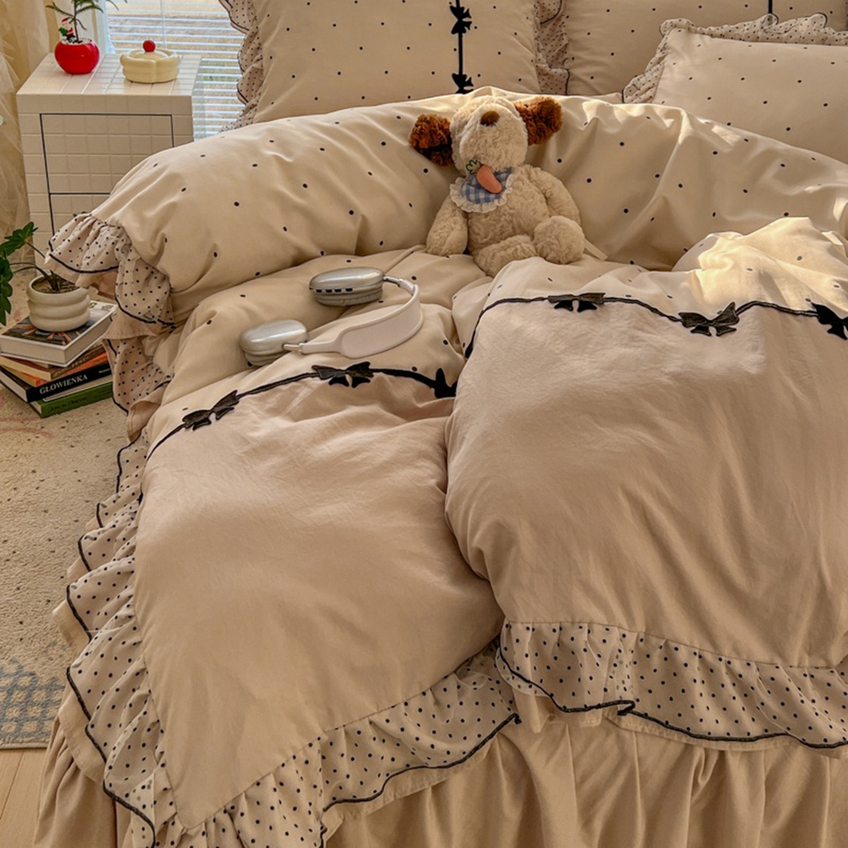 91家纺网 家纺一手货源 找家纺 贝凯瑞 2026 (蝴蝶结）皱皱纱双层纱水洗棉ins小清新蕾丝花边韩版床裙四件套 奶芙蝴蝶结