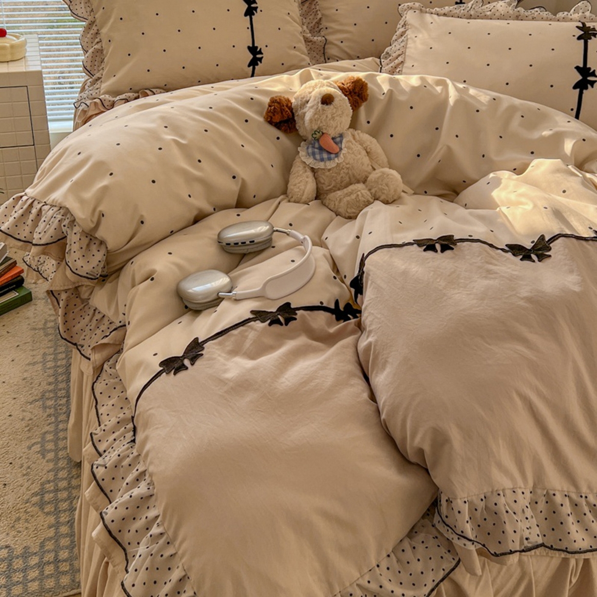 91家纺网 家纺一手货源 找家纺 贝凯瑞 2026 (蝴蝶结）皱皱纱双层纱水洗棉ins小清新蕾丝花边韩版床裙四件套 奶芙蝴蝶结