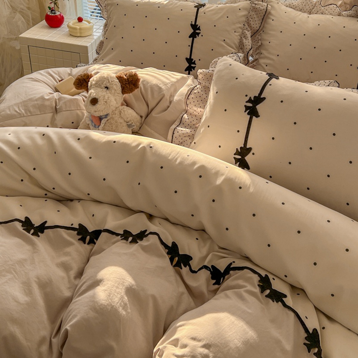 91家纺网 家纺一手货源 找家纺 贝凯瑞 2026 (蝴蝶结）皱皱纱双层纱水洗棉ins小清新蕾丝花边韩版床裙四件套 奶芙蝴蝶结