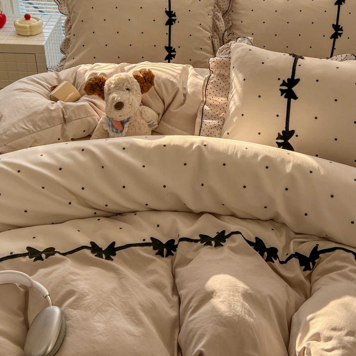 91家纺网 家纺一手货源 找家纺 贝凯瑞 2026 (蝴蝶结）皱皱纱双层纱水洗棉ins小清新蕾丝花边韩版床裙四件套 奶芙蝴蝶结