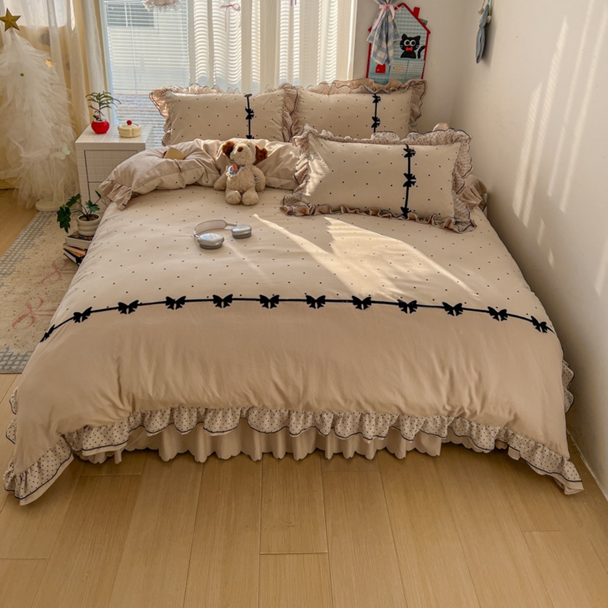 91家纺网 家纺一手货源 找家纺 贝凯瑞 2026 (蝴蝶结）皱皱纱双层纱水洗棉ins小清新蕾丝花边韩版床裙四件套 奶芙蝴蝶结