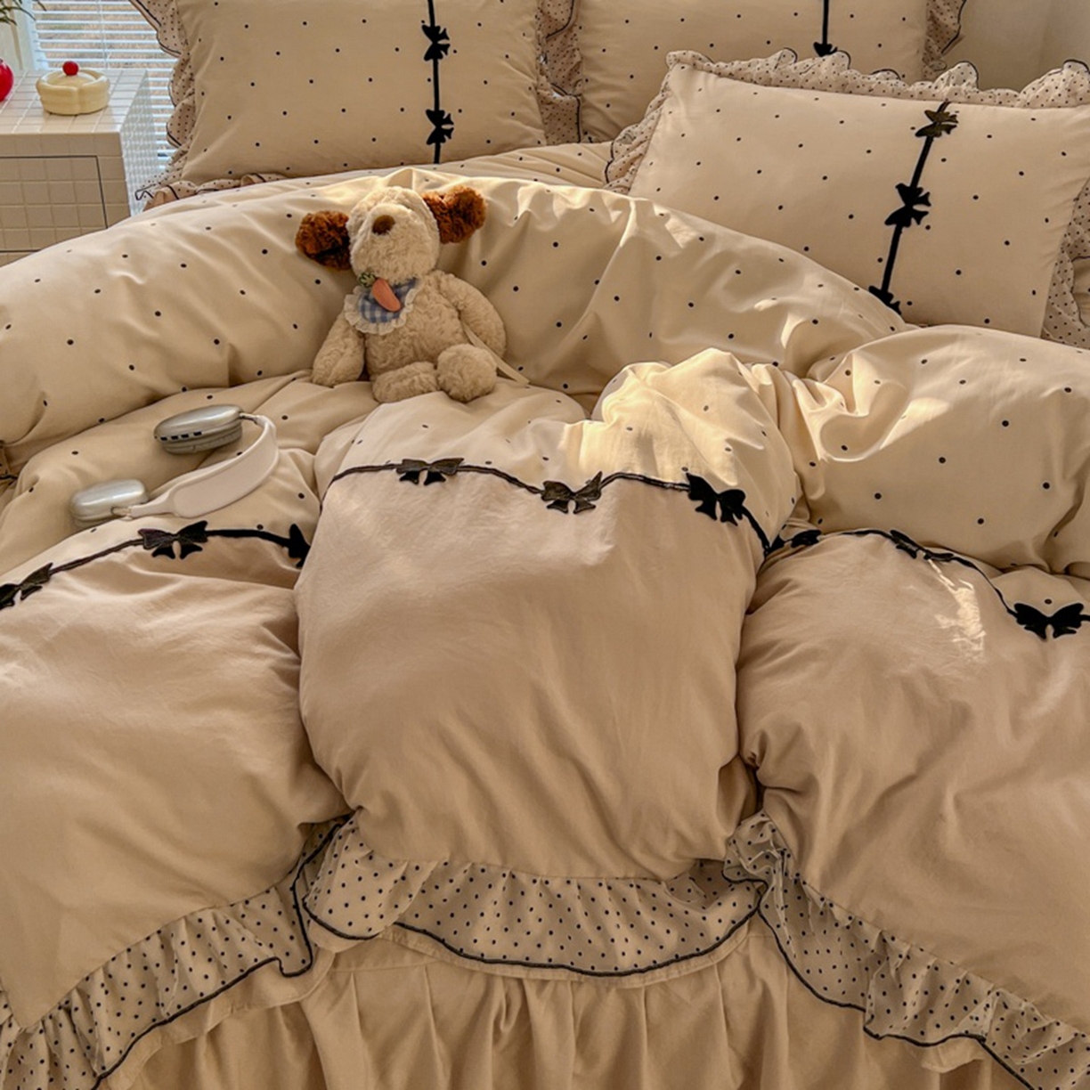 贝凯瑞 2026 (蝴蝶结）皱皱纱双层纱水洗棉ins小清新蕾丝花边韩版床裙四件套 奶芙蝴蝶结