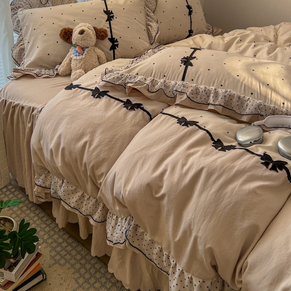 91家纺网 家纺一手货源 找家纺 贝凯瑞 2026 (蝴蝶结）皱皱纱双层纱水洗棉ins小清新蕾丝花边韩版床裙四件套 奶芙蝴蝶结