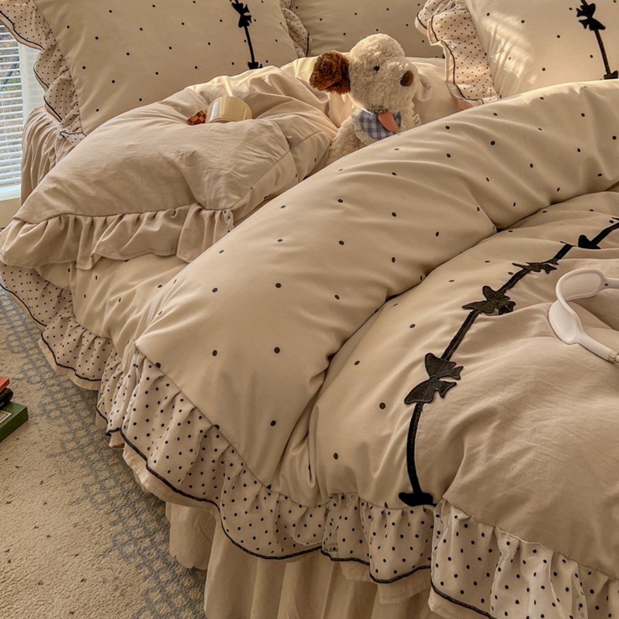 91家纺网 家纺一手货源 找家纺 贝凯瑞 2026 (蝴蝶结）皱皱纱双层纱水洗棉ins小清新蕾丝花边韩版床裙四件套 奶芙蝴蝶结