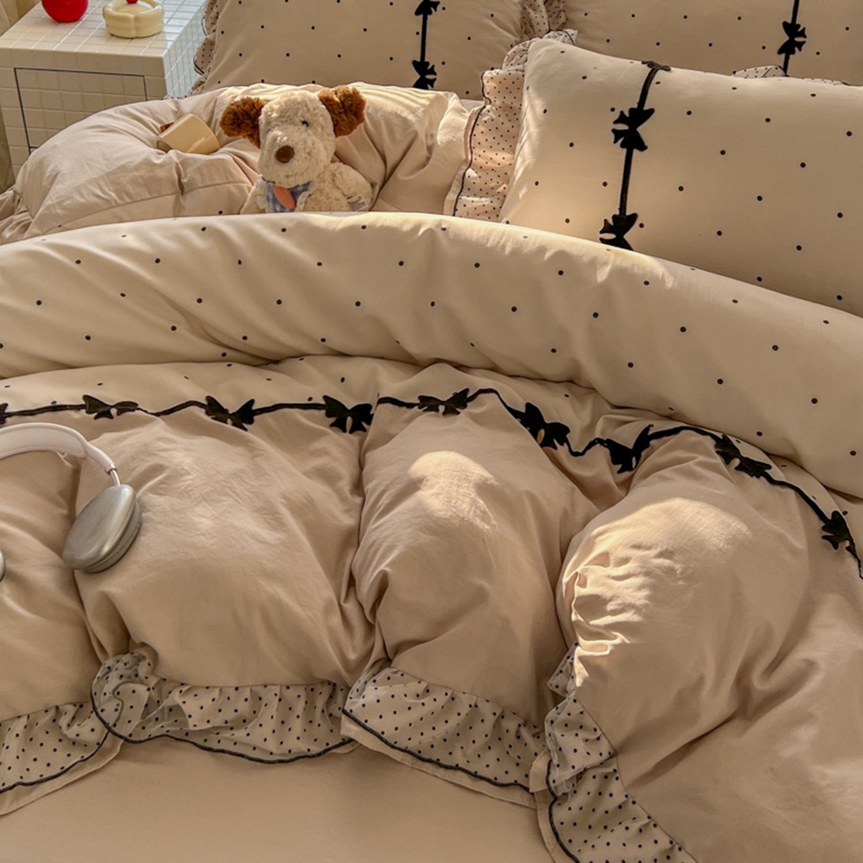 91家纺网 家纺一手货源 找家纺 贝凯瑞 2026 (蝴蝶结）皱皱纱双层纱水洗棉ins小清新蕾丝花边韩版床裙四件套 奶芙蝴蝶结