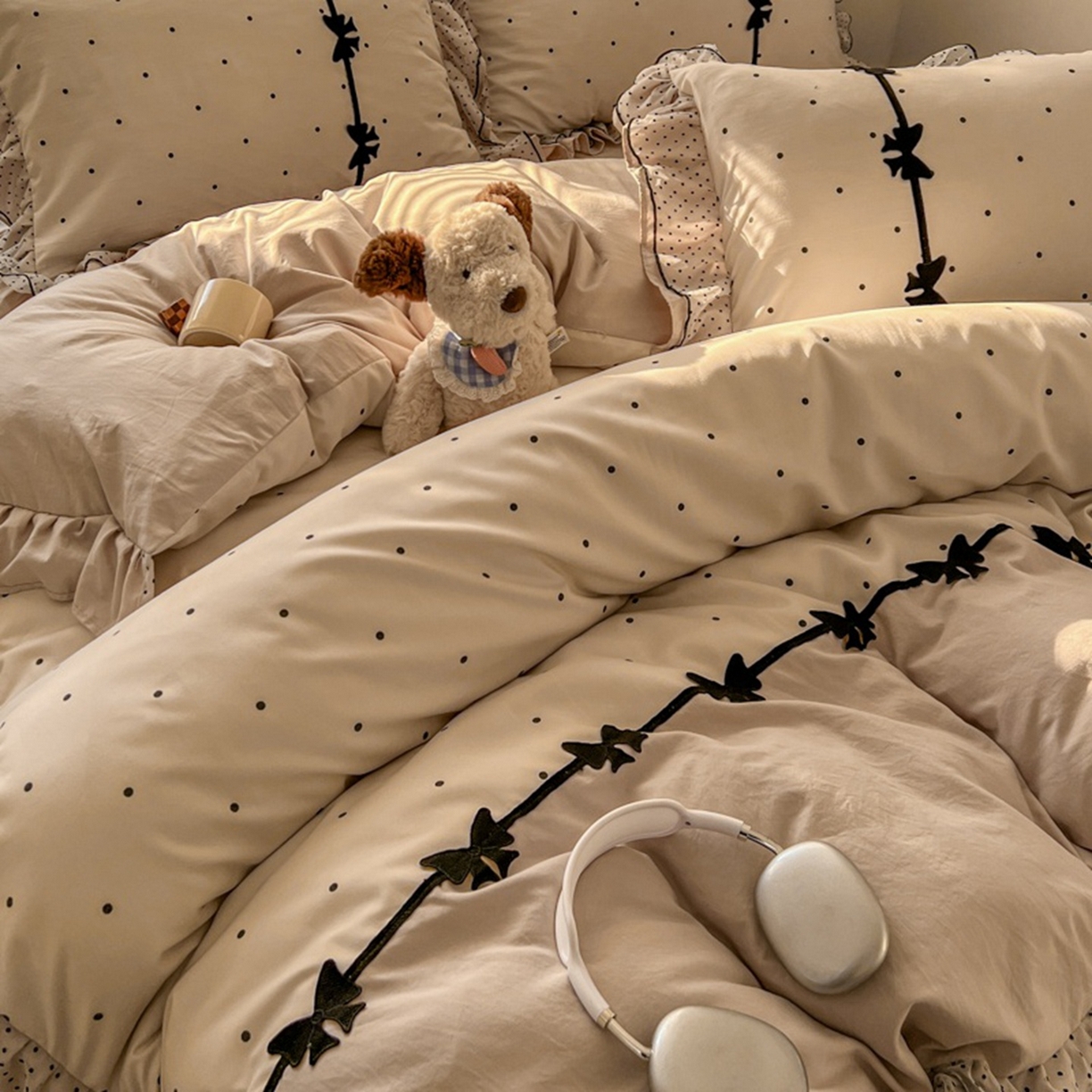 91家纺网 家纺一手货源 找家纺 贝凯瑞 2026 (蝴蝶结）皱皱纱双层纱水洗棉ins小清新蕾丝花边韩版床裙四件套 奶芙蝴蝶结