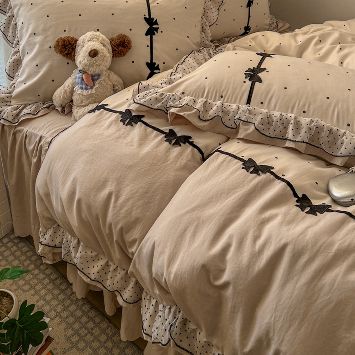 91家纺网 家纺一手货源 找家纺 贝凯瑞 2026 (蝴蝶结）皱皱纱双层纱水洗棉ins小清新蕾丝花边韩版床裙四件套 奶芙蝴蝶结