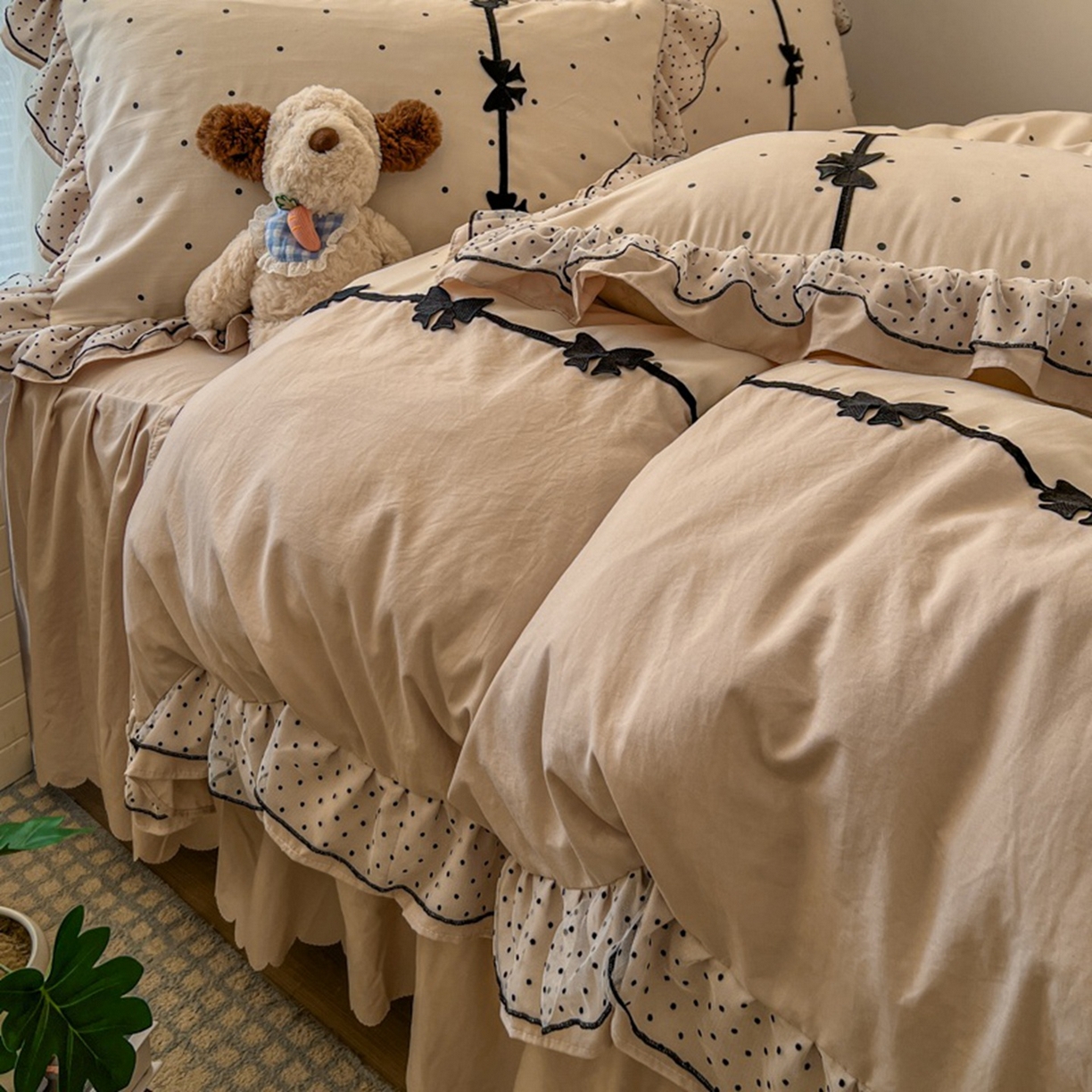 91家纺网 家纺一手货源 找家纺 贝凯瑞 2026 (蝴蝶结）皱皱纱双层纱水洗棉ins小清新蕾丝花边韩版床裙四件套 奶芙蝴蝶结