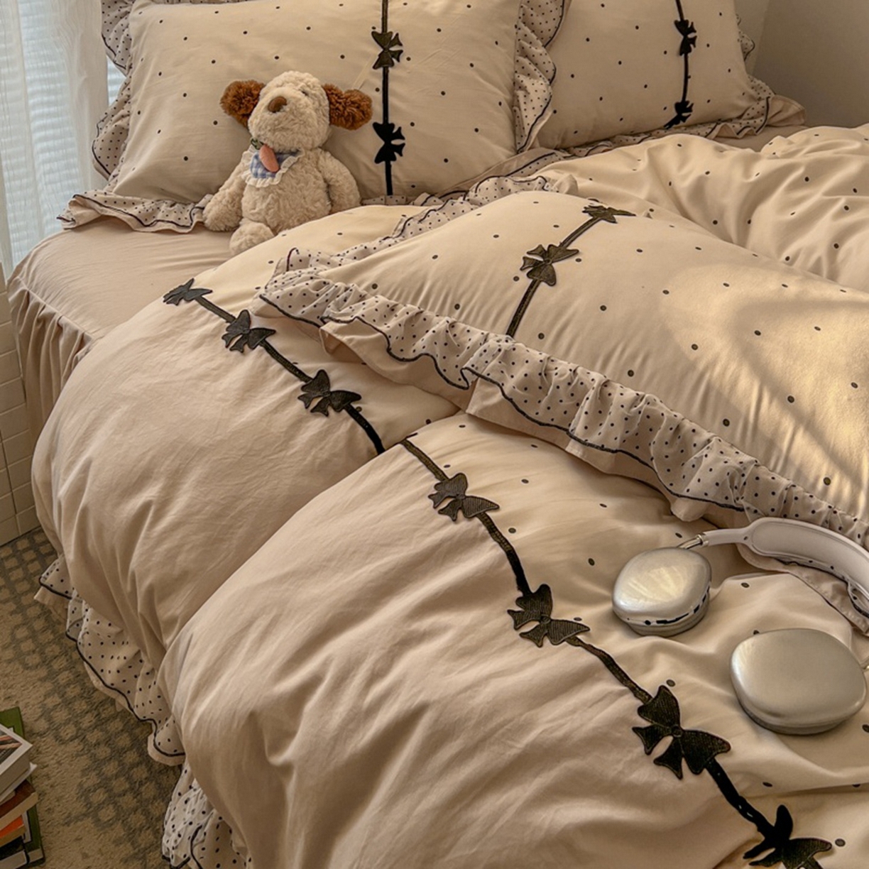 91家纺网 家纺一手货源 找家纺 贝凯瑞 2026 (蝴蝶结）皱皱纱双层纱水洗棉ins小清新蕾丝花边韩版床裙四件套 奶芙蝴蝶结