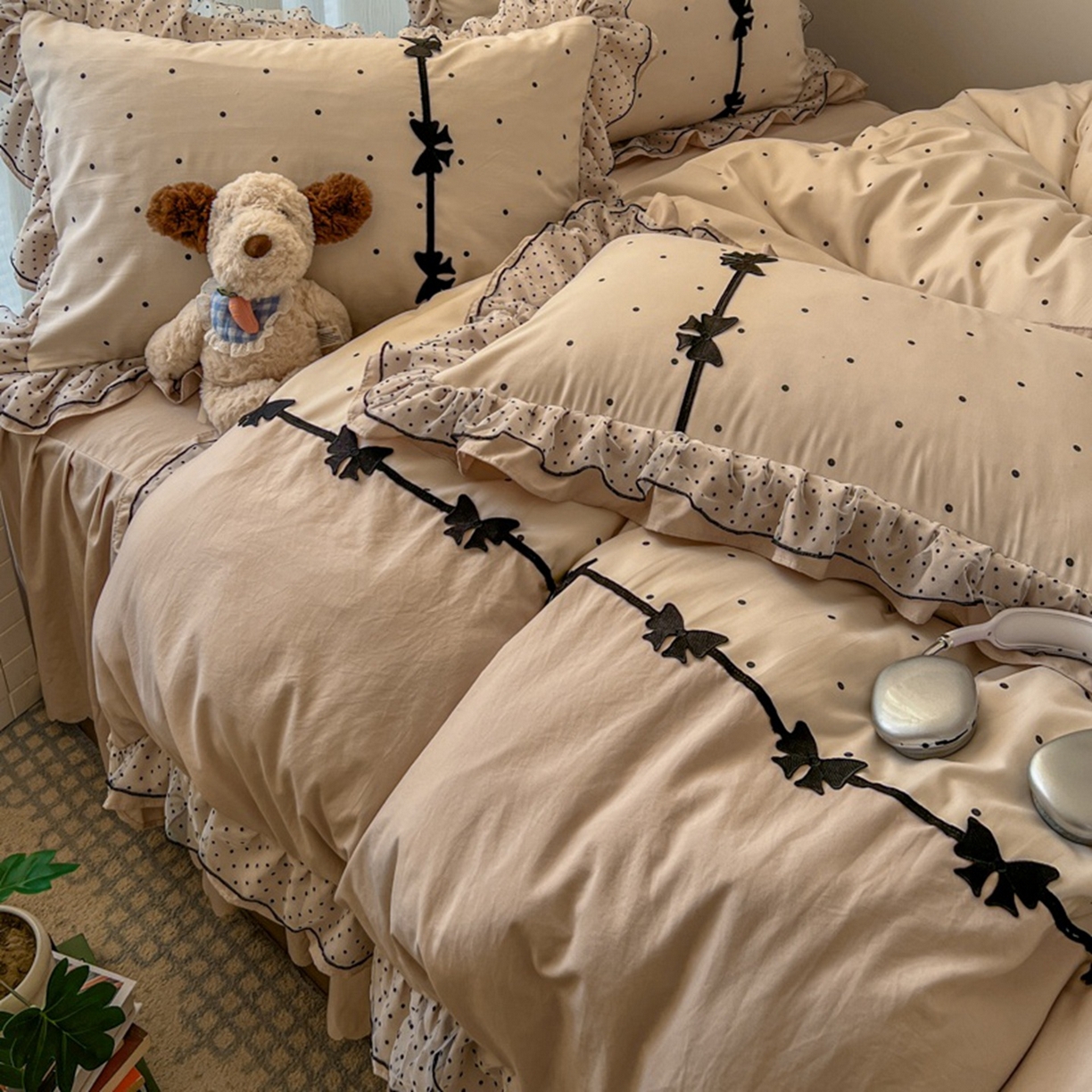 91家纺网 家纺一手货源 找家纺 贝凯瑞 2026 (蝴蝶结）皱皱纱双层纱水洗棉ins小清新蕾丝花边韩版床裙四件套 奶芙蝴蝶结