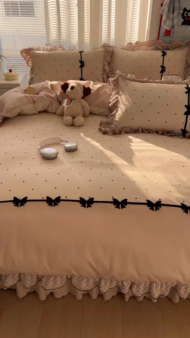 91家纺网 家纺一手货源 找家纺 贝凯瑞 2026 (蝴蝶结）皱皱纱双层纱水洗棉ins小清新蕾丝花边韩版床裙四件套 奶芙蝴蝶结