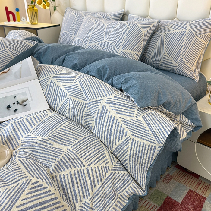 91家纺网 家纺一手货源 找家纺 栩裕纺织 2026新款云感双层纱床盖四件套 绅士条纹