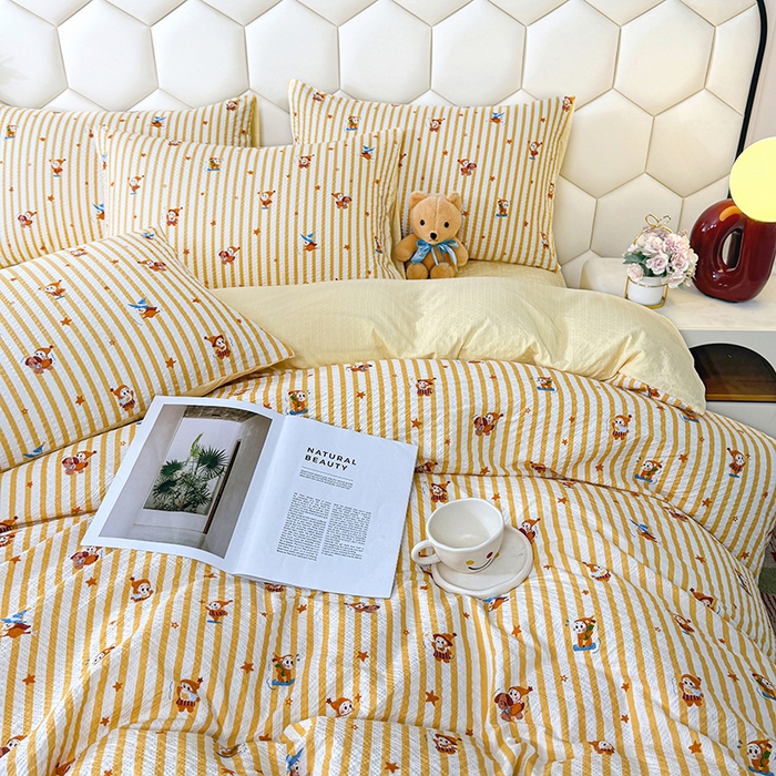 91家纺网 家纺一手货源 找家纺 栩裕纺织 2026新款云感双层纱床盖四件套 星星人-黄