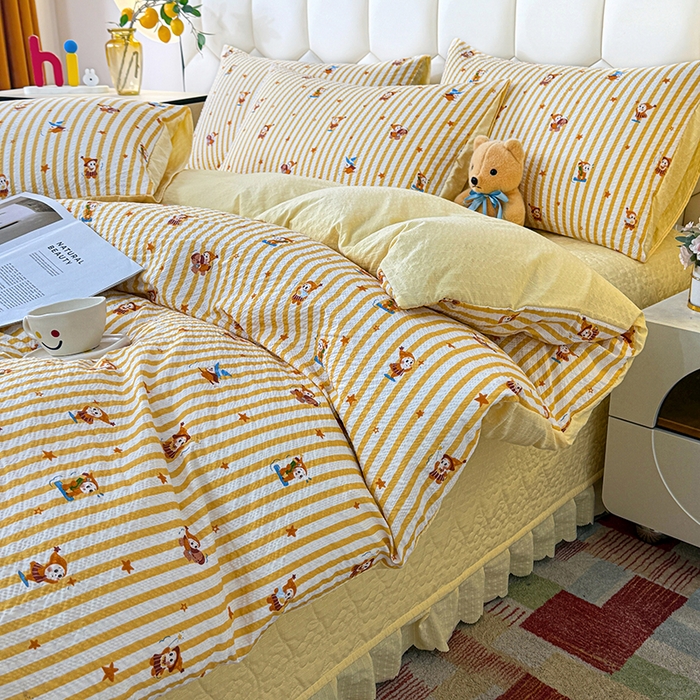 91家纺网 家纺一手货源 找家纺 栩裕纺织 2026新款云感双层纱床盖四件套 星星人-黄