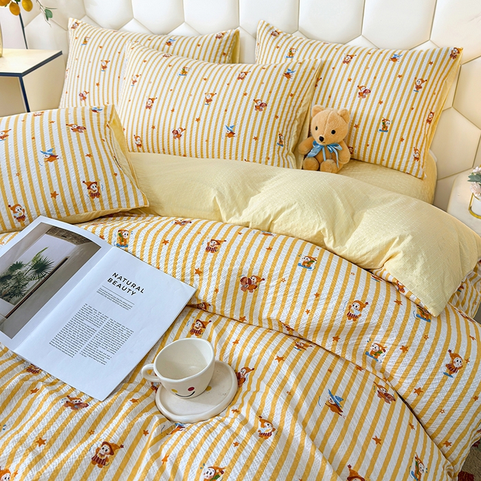 91家纺网 家纺一手货源 找家纺 栩裕纺织 2026新款云感双层纱床盖四件套 星星人-黄