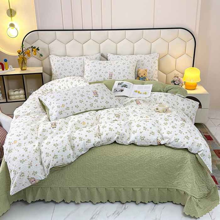 栩裕纺织 2026新款云感双层纱床盖四件套 星星人-绿