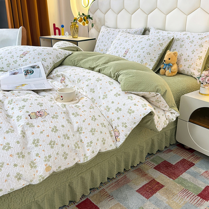 91家纺网 家纺一手货源 找家纺 栩裕纺织 2026新款云感双层纱床盖四件套 星星人-绿