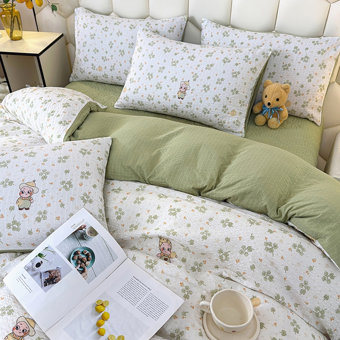 91家纺网 家纺一手货源 找家纺 栩裕纺织 2026新款云感双层纱床盖四件套 星星人-绿