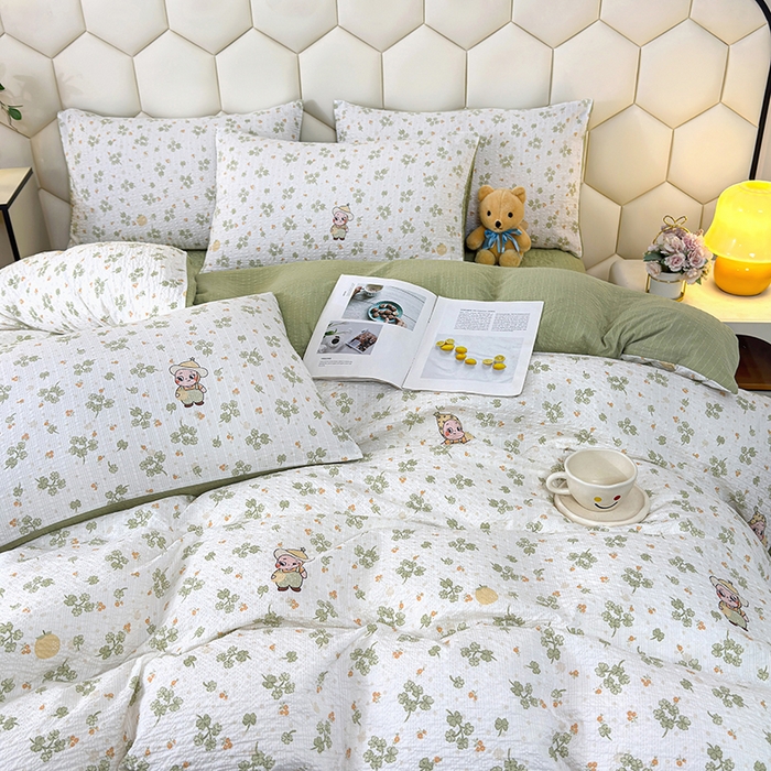 91家纺网 家纺一手货源 找家纺 栩裕纺织 2026新款云感双层纱床盖四件套 星星人-绿