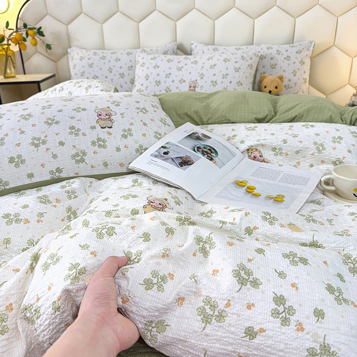 91家纺网 家纺一手货源 找家纺 栩裕纺织 2026新款云感双层纱床盖四件套 星星人-绿