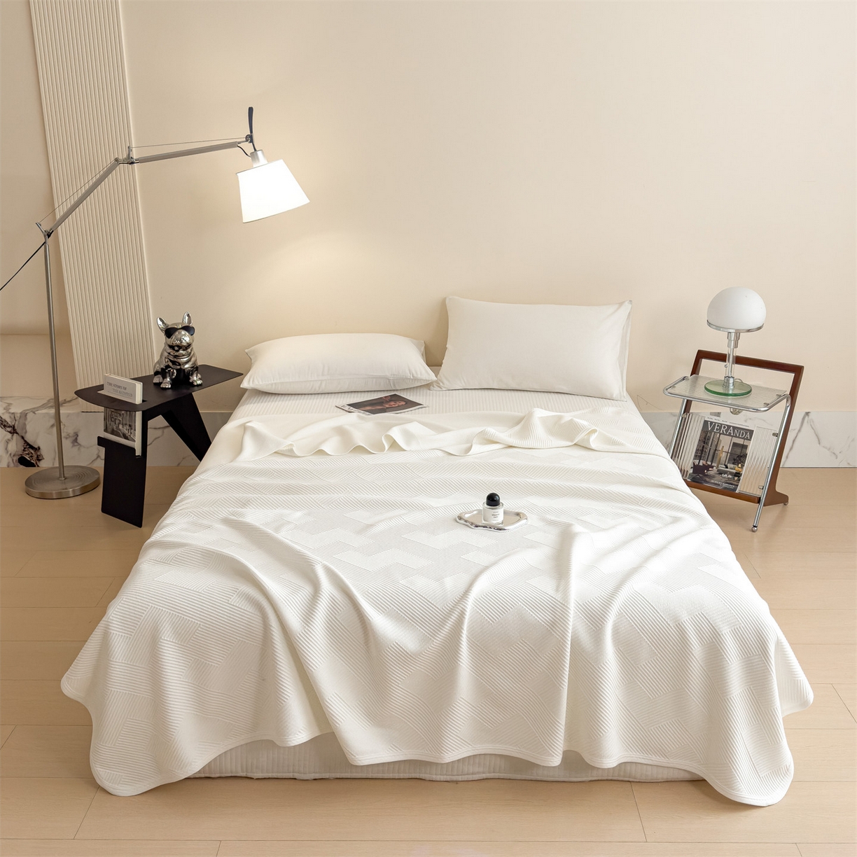 91家纺网 家纺一手货源 找家纺 布凡家居 2026新款290克全棉A类三层纱盖毯夏被午睡被 菱纹-高级白