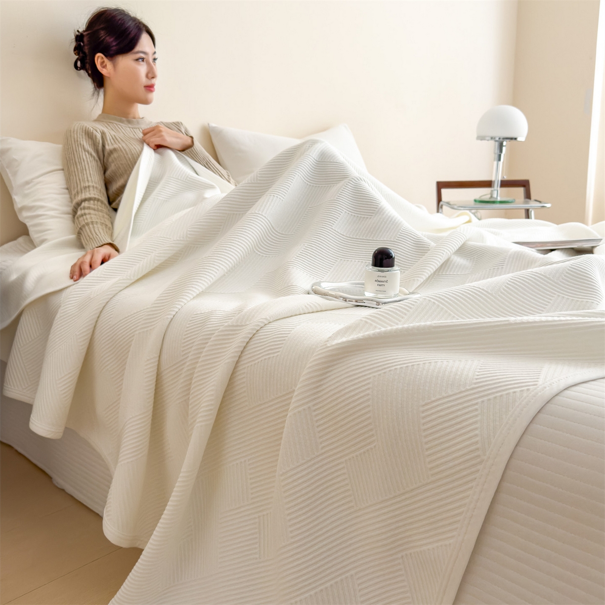 91家纺网 家纺一手货源 找家纺 布凡家居 2026新款290克全棉A类三层纱盖毯夏被午睡被 菱纹-高级白