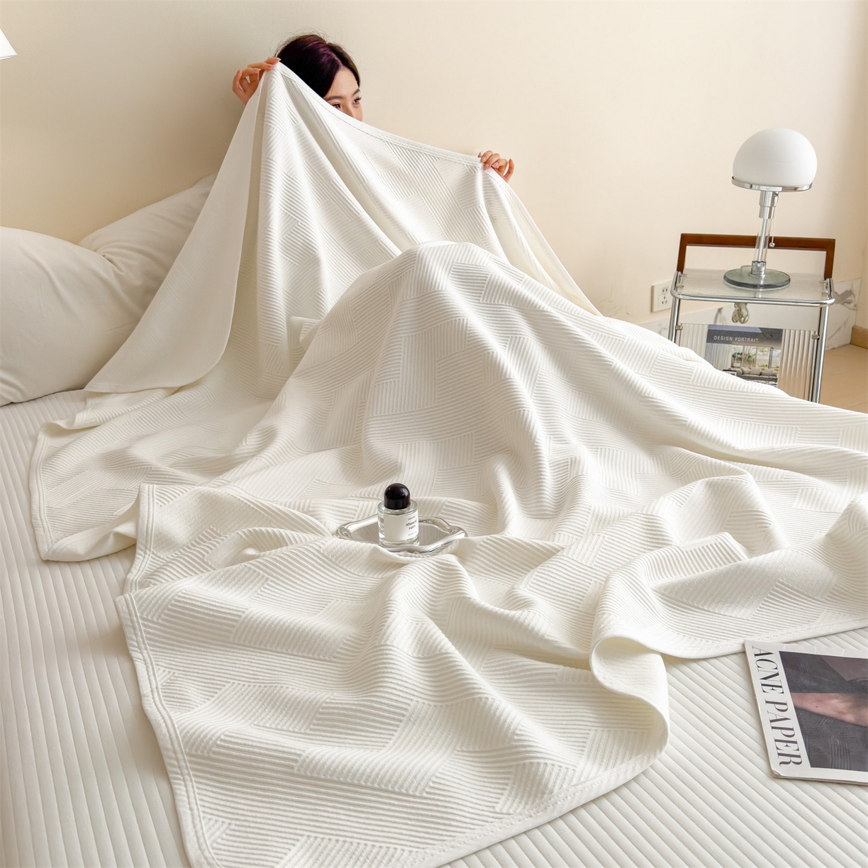 91家纺网 家纺一手货源 找家纺 布凡家居 2026新款290克全棉A类三层纱盖毯夏被午睡被 菱纹-高级白